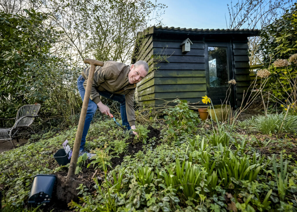 Wethouder plant plantjes in de tuin