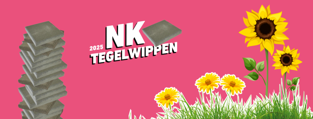 Logo NK tegelwippen met een stapel tegels, bloemen, gras en zonnebloemen