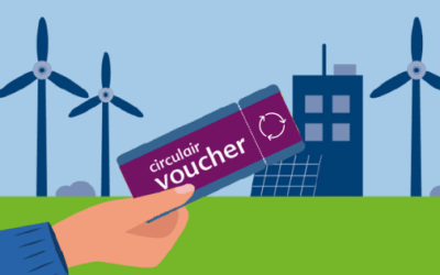 Hand die een voucher omhoog houdt met een bedrijf en duurzame energie op de achtergrond