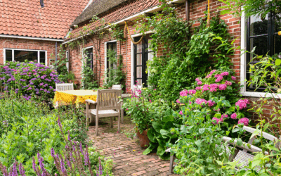 Tuin met een houten tafel en stoelen en veel planten.