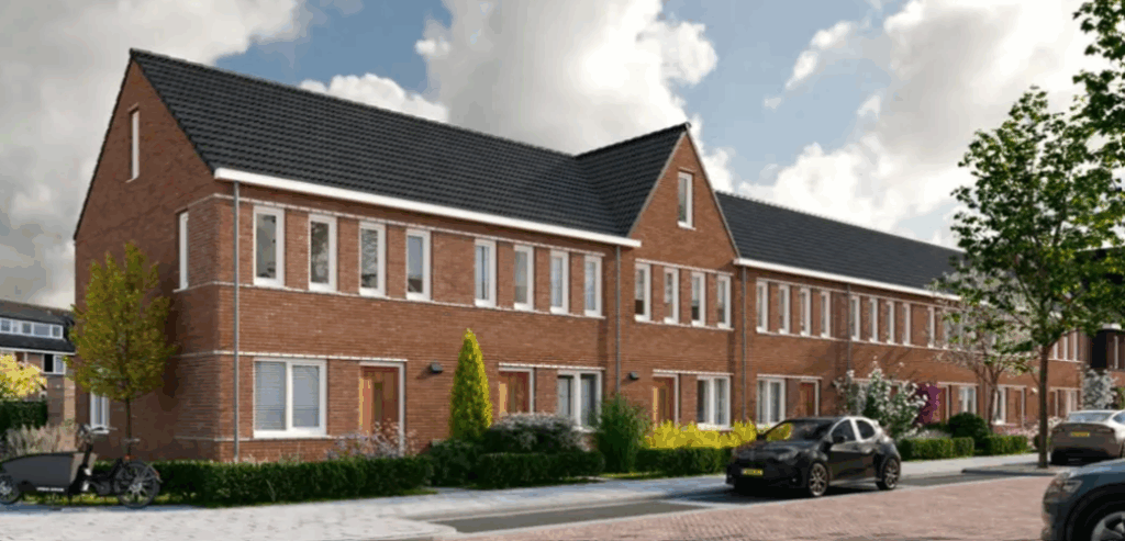 Een straat met rijtjeshuizen.