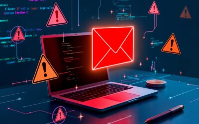 Illustratie van een laptop en gevaartekens om te wijzen op fraude via e-mail.