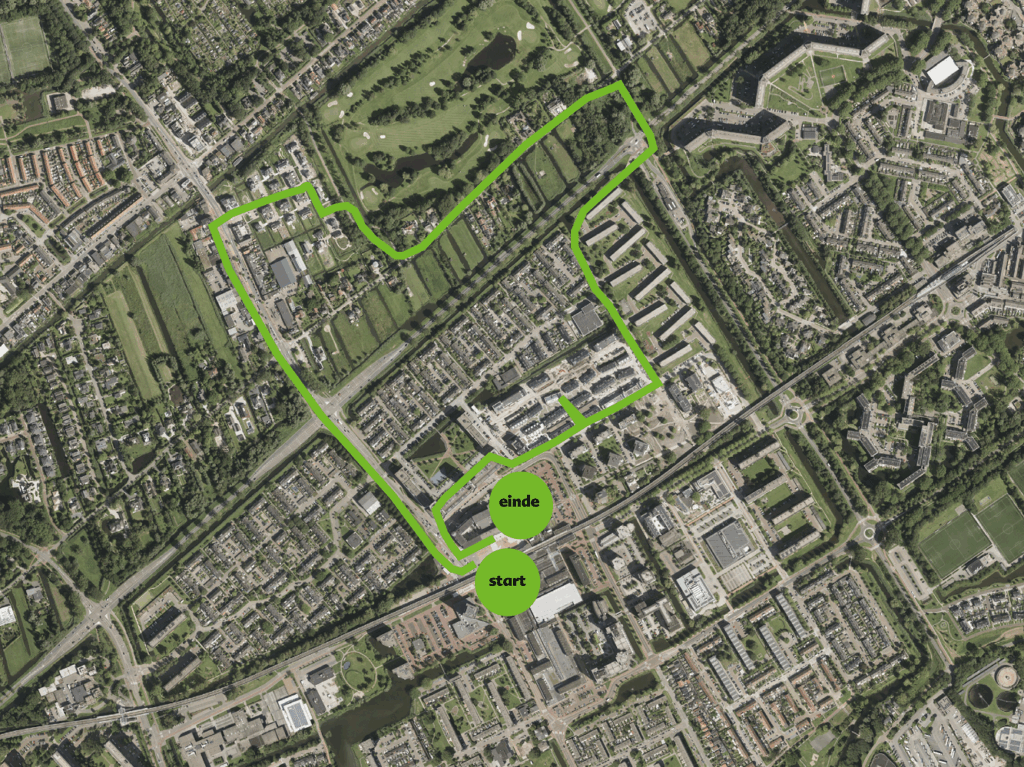 Groene lijn die de route van de wandeling aangeeft op een kaart van Capelle