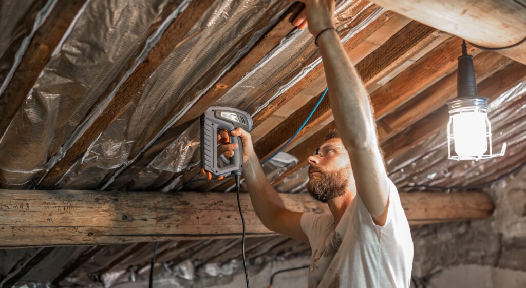 Een man is het dak aan de binnenkant aan het isoleren.