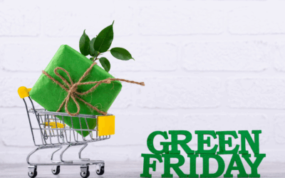 Winkelwagentje met duurzaam cadeautje en de tekst Green Friday ernaast