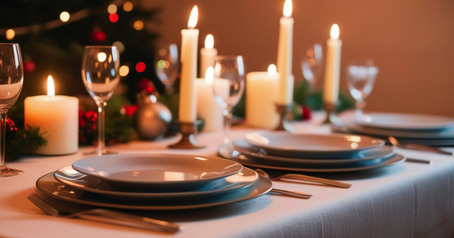 Gedekte tafel met borden, bestek en kaarsen. op de achtergrond zie je een stukje kerstboom