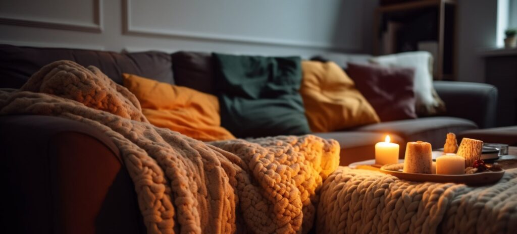 Kussentjes en dekentjes op de bank en kaarsjes aan.