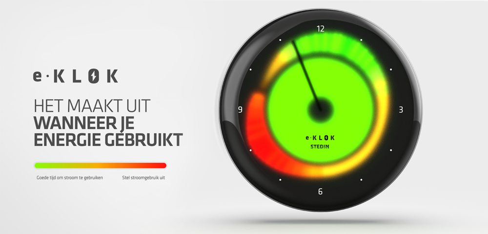 Afbeelding van de eKlok. Die geeft met groene en rode kleuren wanneer het druk op het stroomnet is.