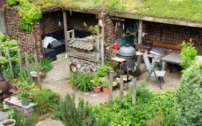 Tuin met veel groen en een groen dak