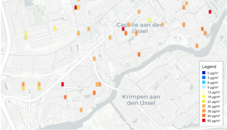 Afbeelding van map van Capelle aan den IJssel die weergeeft hoe de pieken fijnstofdelen verdeeld zijn