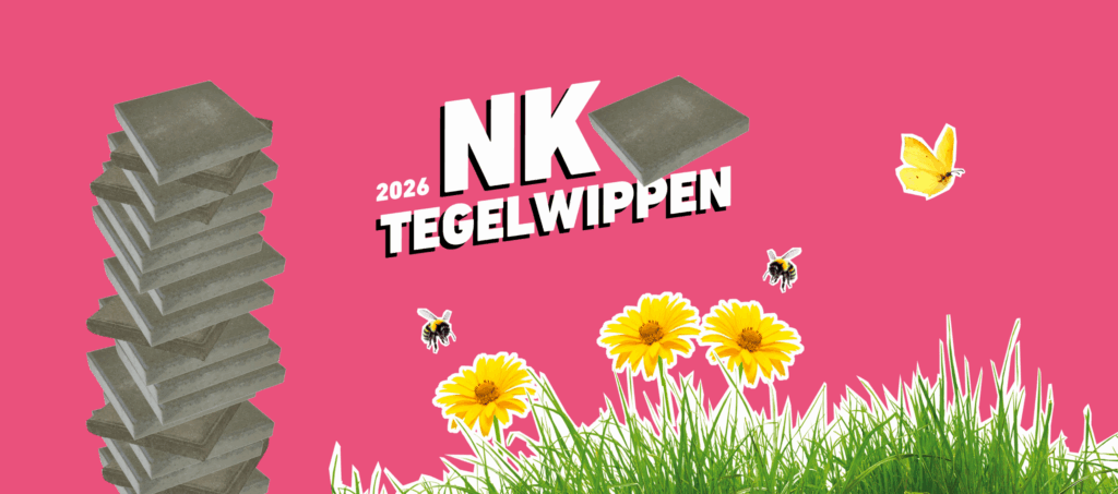 Tegels, NK Tegelwippenlogo 2026, bijtjes, vlinder en gras met bloemen