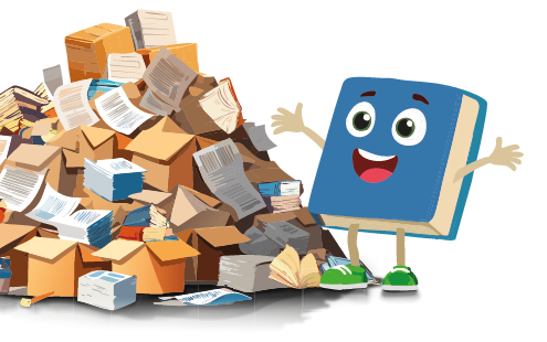 Stapel met papier en karton en een icoontje in de vorm van een boek ernaast