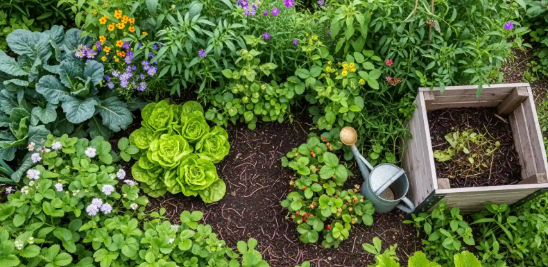 Foto van bovenaf: een tuin vol groen, plantjes en een gieter.