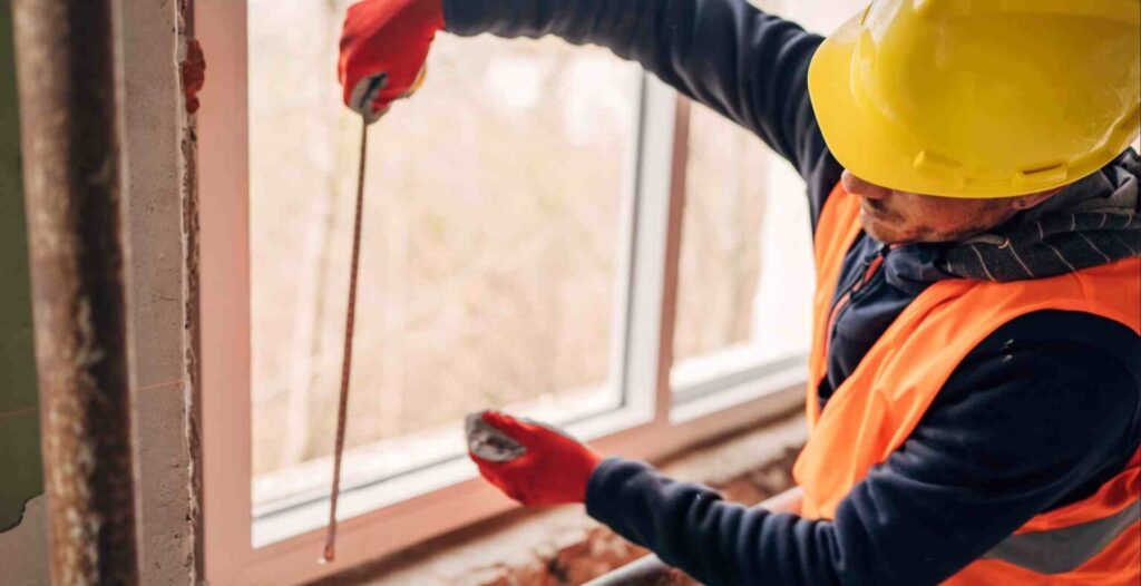Man met gele bouwhelm is bezig een raam te vervangen.