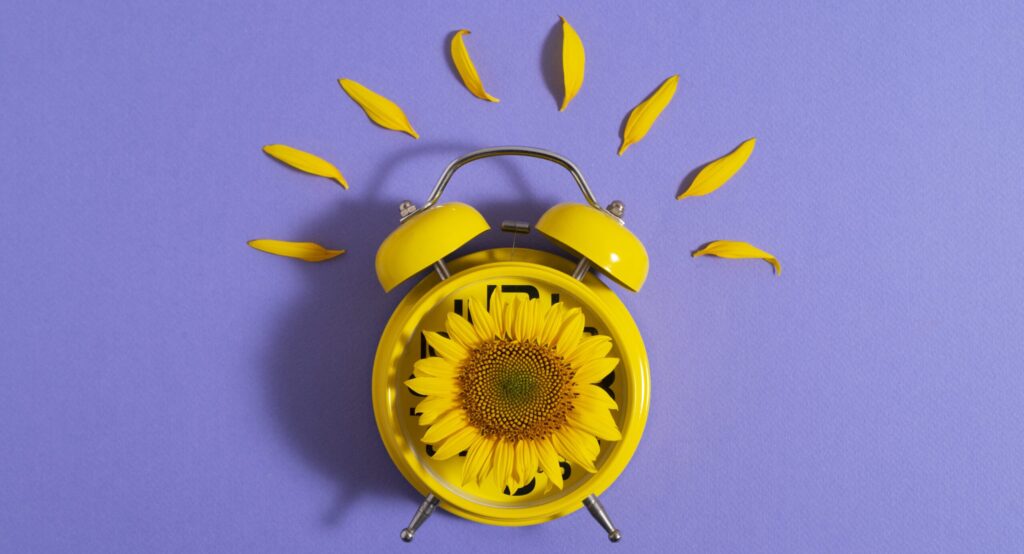 Een klok met een zonnebloem beeld zomertijd uit.