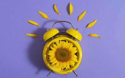 Een klok met een zonnebloem beeld zomertijd uit.