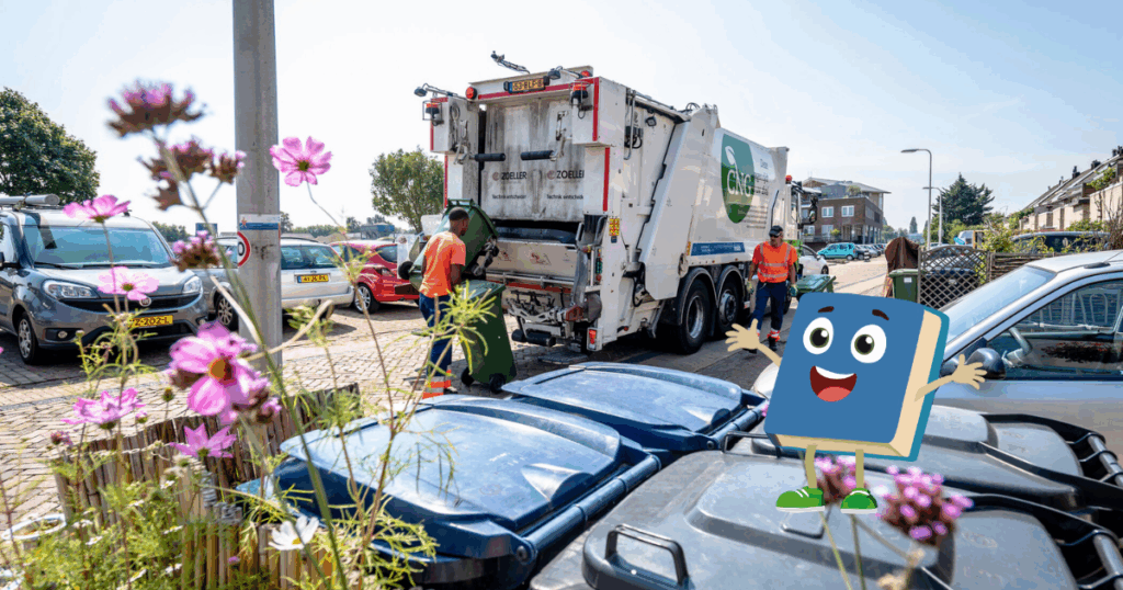 Papiercontainers die worden geleegd door afvalinzamelaars. En het icoontje van de papiercampagne op de voorgrond