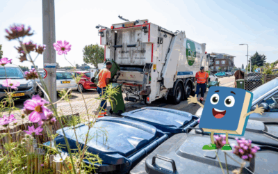 Papiercontainers die worden geleegd door afvalinzamelaars. En het icoontje van de papiercampagne op de voorgrond