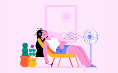 Illustratie van vrouw die puffend van de hitte op een stoel hangt met een ventilator voor haar.