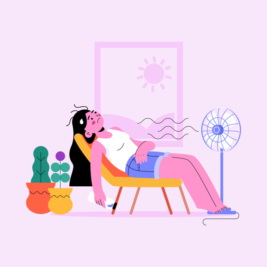Illustratie van een vrouw die slap van de hitte op een stoel hangt, met een ventilator voor haar neus.