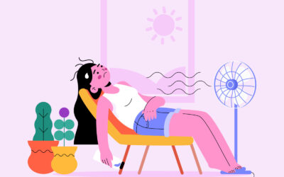 Illustratie van een vrouw die slap van de hitte op een stoel hangt, met een ventilator voor haar neus.