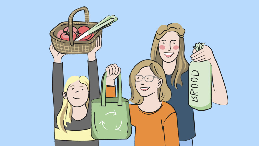 Drie getekende personen houden een mand met groente en fruit, herbruikbare tas en een broodzak omhoog