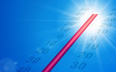 Blauwe lucht met rode thermometer die aangeeft dat het flink heet is.