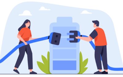 Illustratie van 2 figuurtjes die een stekker in een batterij willen stoppen.