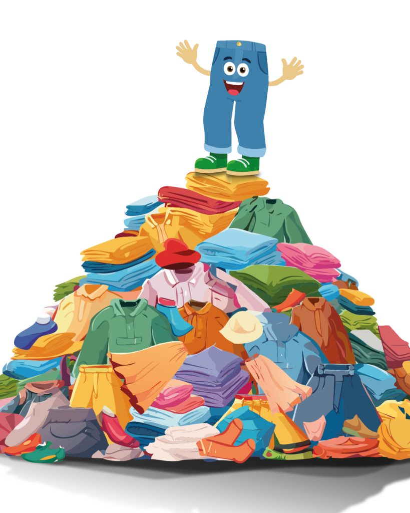 Een berg met textiel en daarop het icoon van de textielcampagne